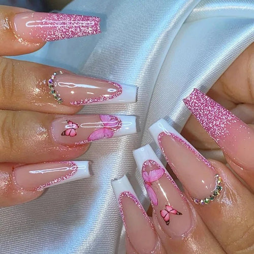 Boss Babe Beauty™ – Press - On Nails | Pink Butterfly French - BOSS BABE HOUSE