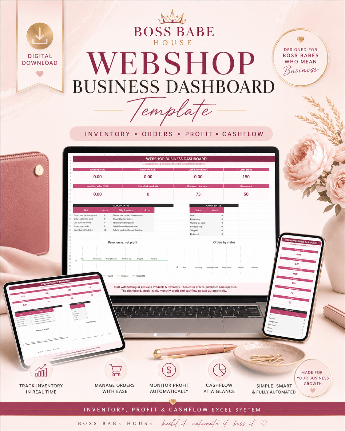 Webshop Business Dashboard™ – Inventory, Profit & Cashflow Excel System - BOSS BABE HOUSE